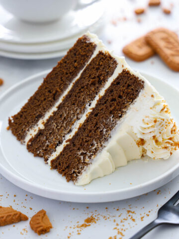 a slice of Gingerbread Cake on a white plate